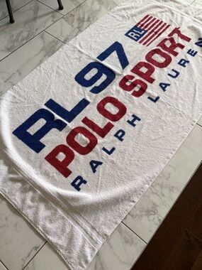 Vintage Ralph Lauren Polo Sport RL 1997 Logo Beach Towel - White with Red & Blue